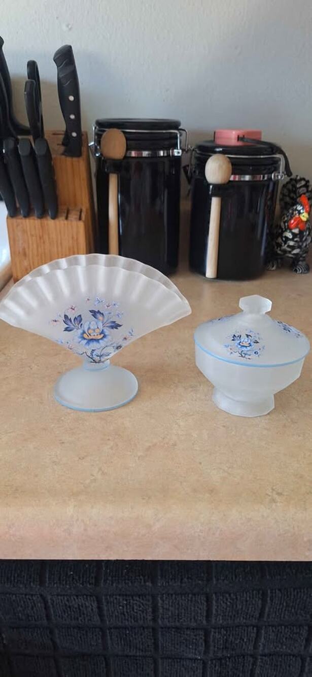 Vintage Westmoreland Frosted " Blue Mist" vase and candy jar with lid